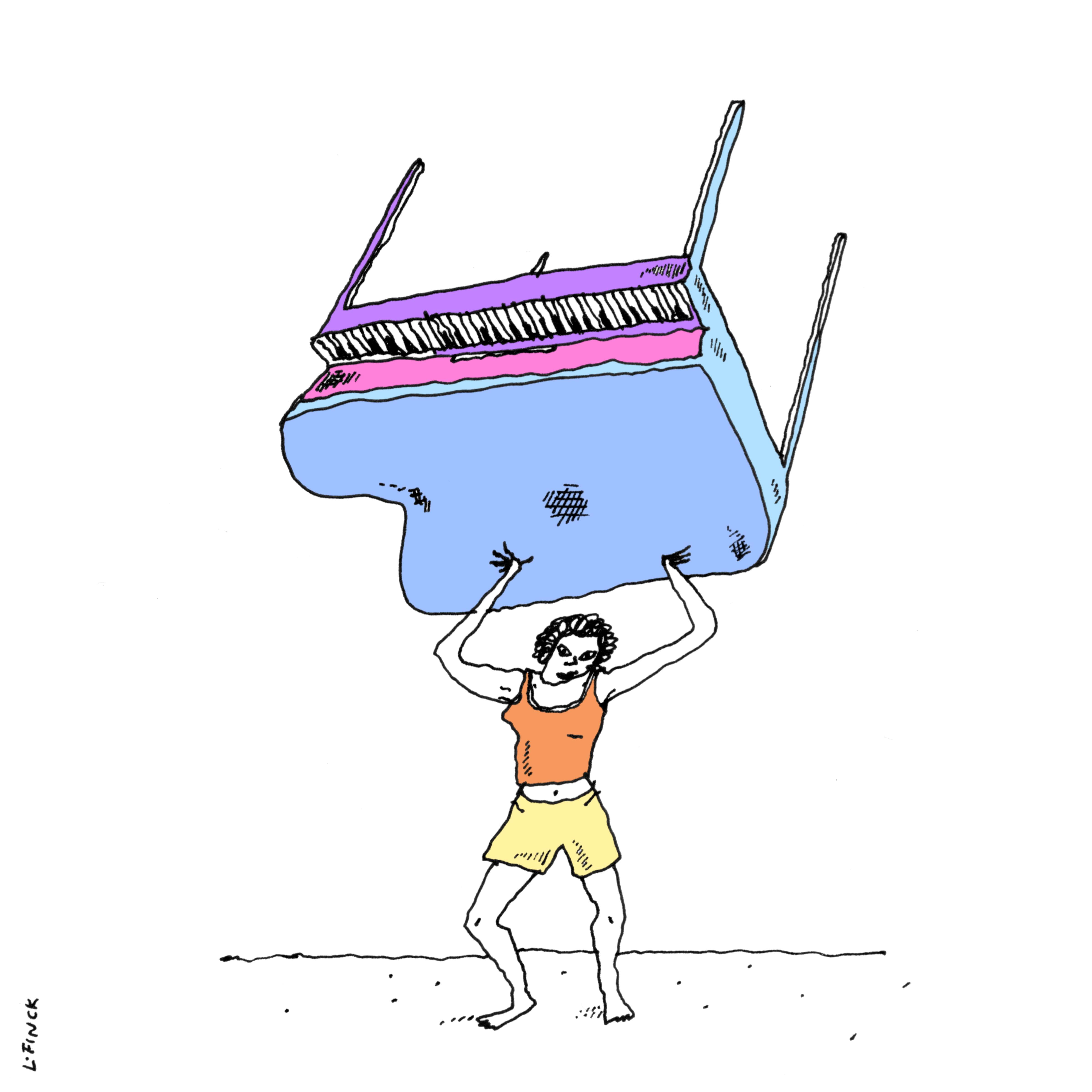 Illustration of a person lifting a piano, made by Liana Finck